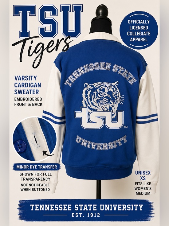 BuyANiceShirt.com Sweaters - TSU Tigers Tennessee State Univer Embroidered Varsity Cardigan XS Fits Women’s M